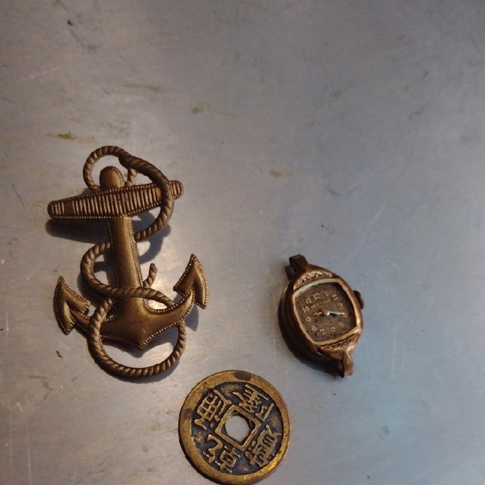 Vintage Nautical Anchor Brooch and Coin Set